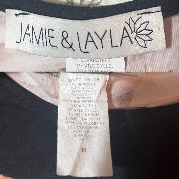 Jamie & Layla from Macys Floral Swing Dress Black Peach Bell Sleeves M - Picture 7 of 8